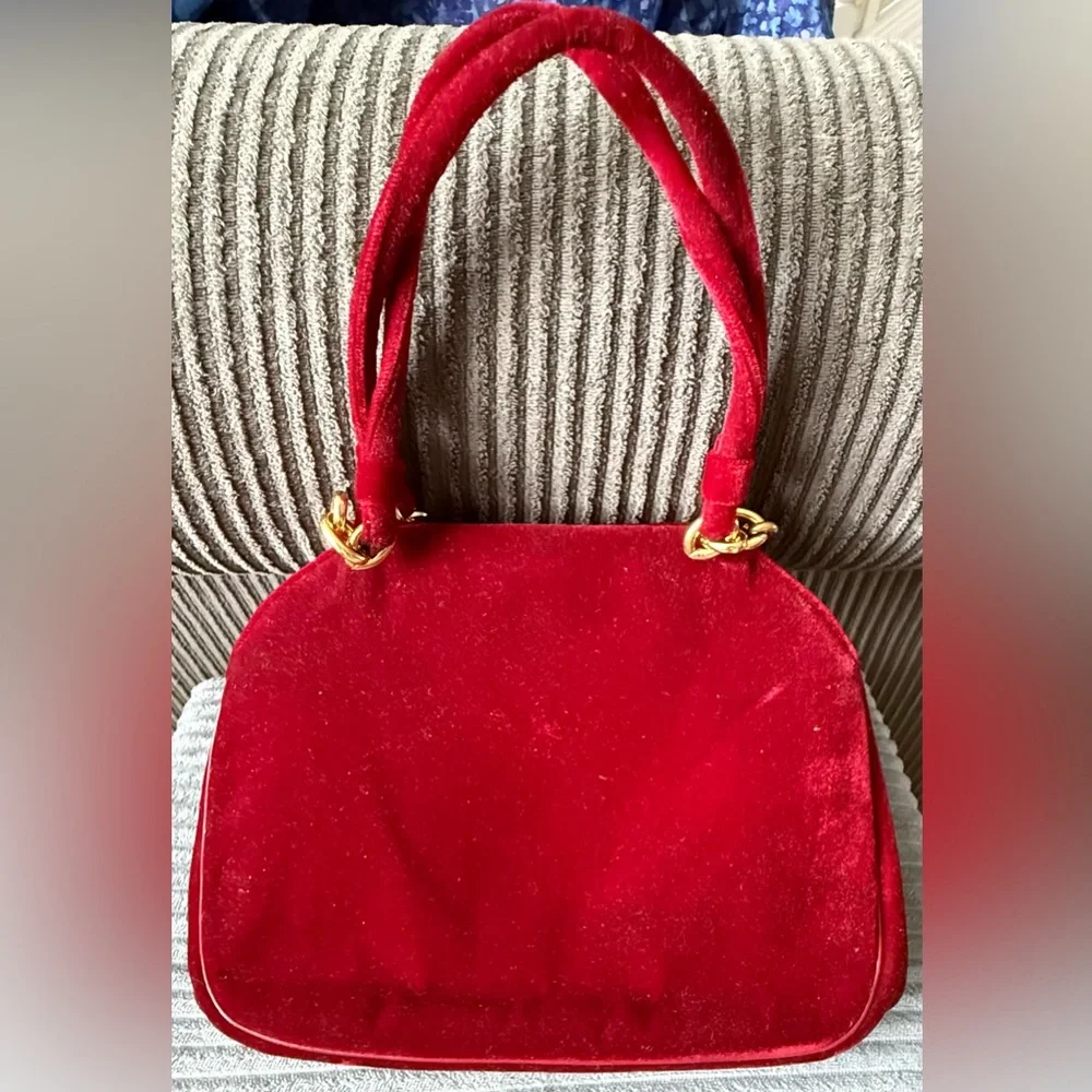 Bienen-Davis Red Velour Kiss Lock Satchel Made in Italy Vintage Rare Bag Purse